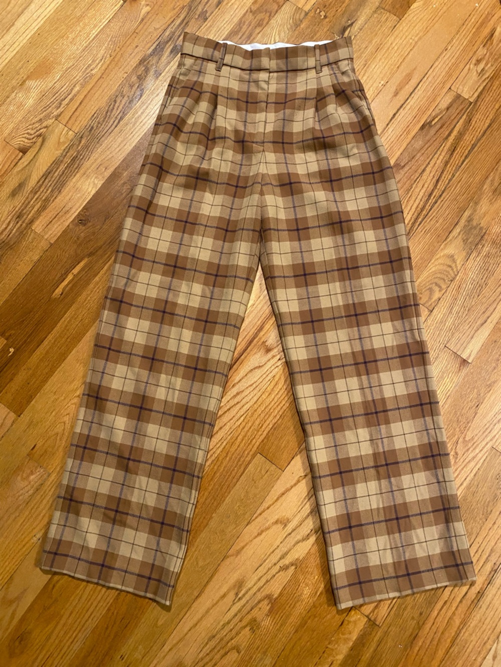 Aritzia Wilfred Plaid High-Rise Wide-Leg Pants in Brown, Tan, Purple Plaid